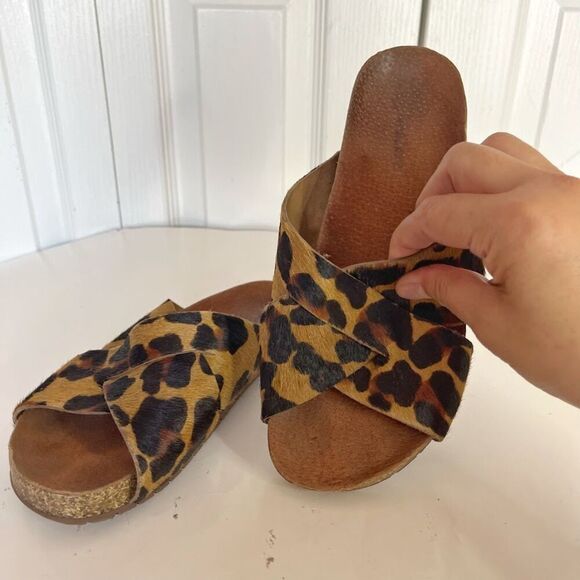 Anacapri Leather Leopard Print Pony Hair Criss Crop Wide Strappy Slip On Sandals - Picture 4 of 10